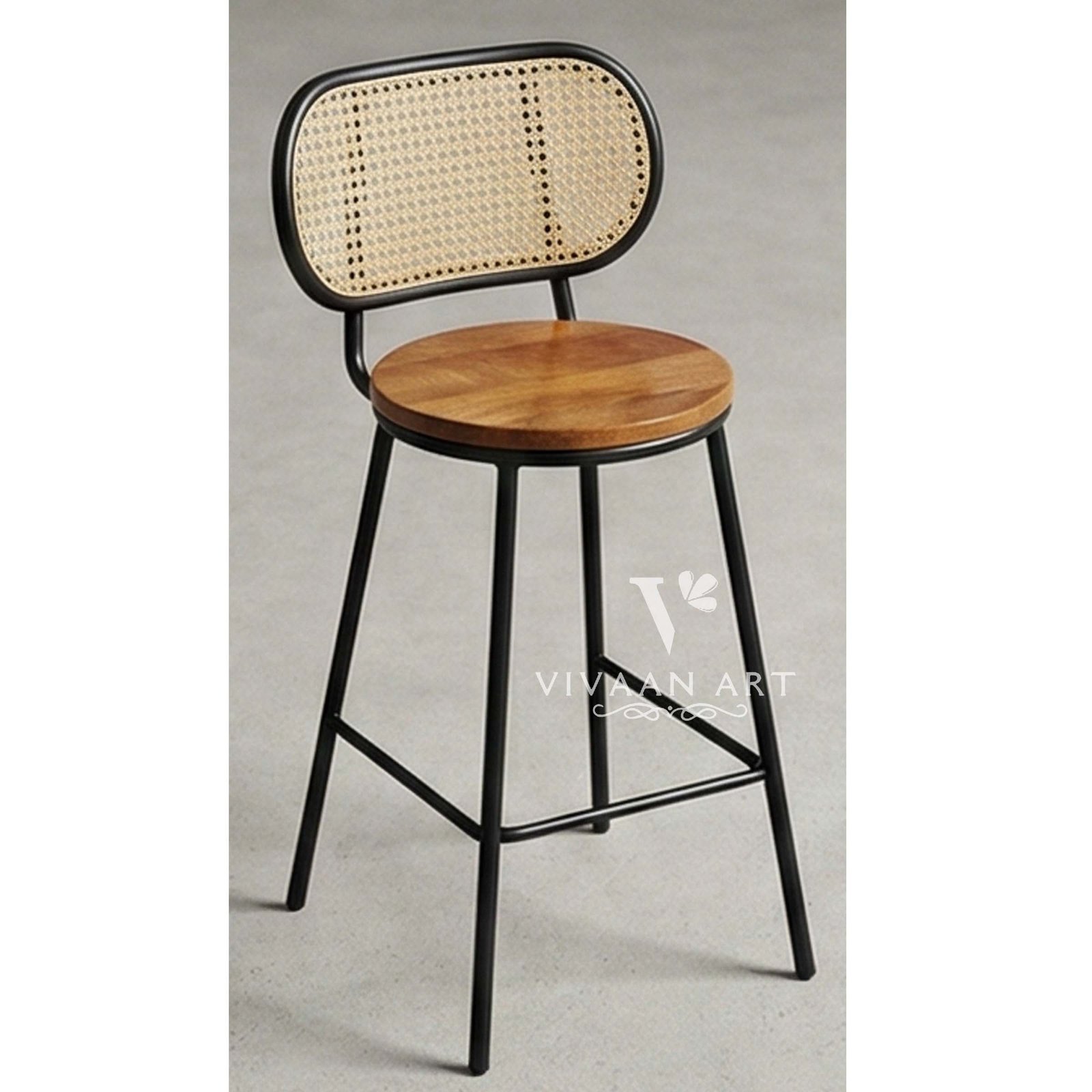 Modern Cane Back Bar Stool with Wooden Seat & Black Metal Frame