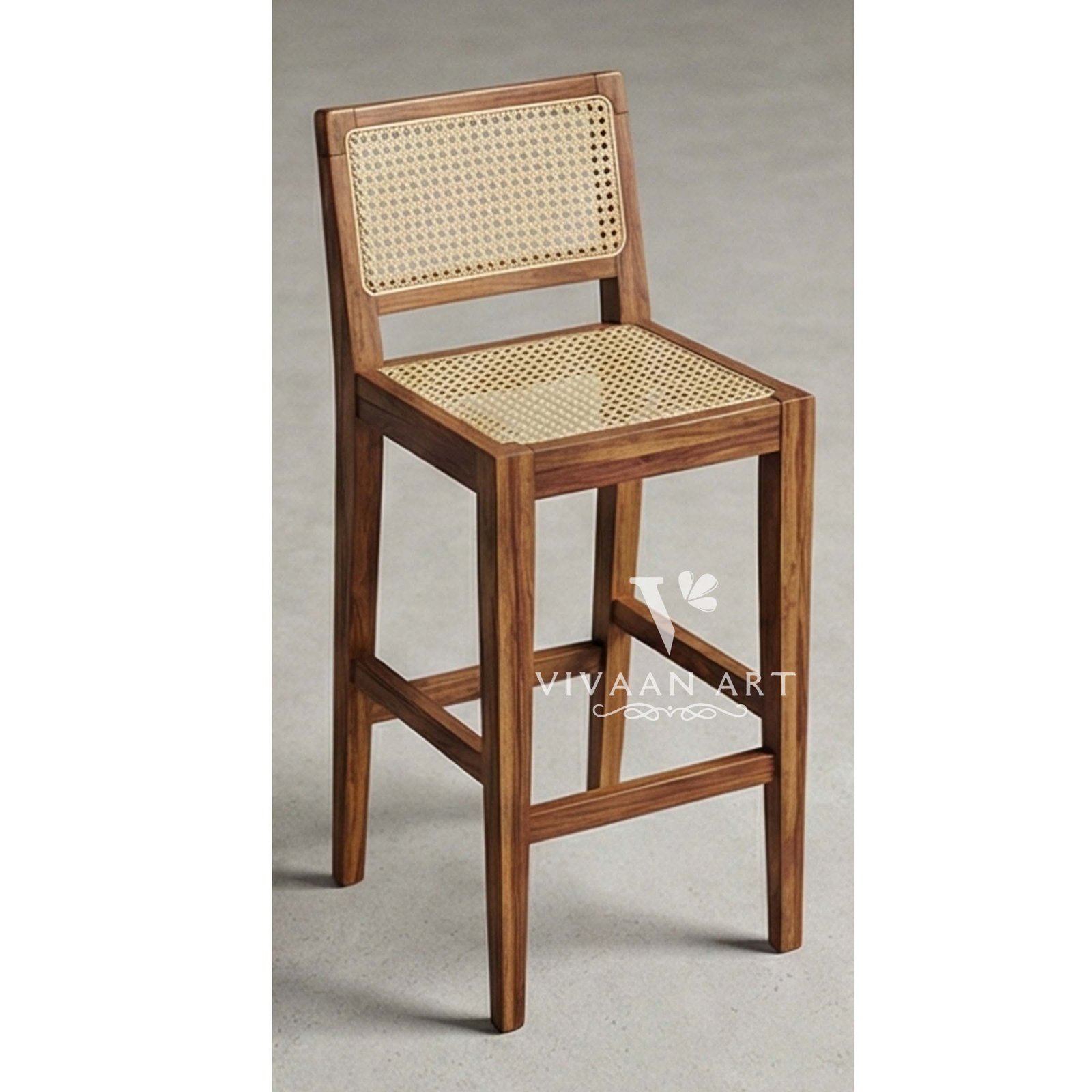 Solid Wood Cane Back Bar Chair with Woven Seat