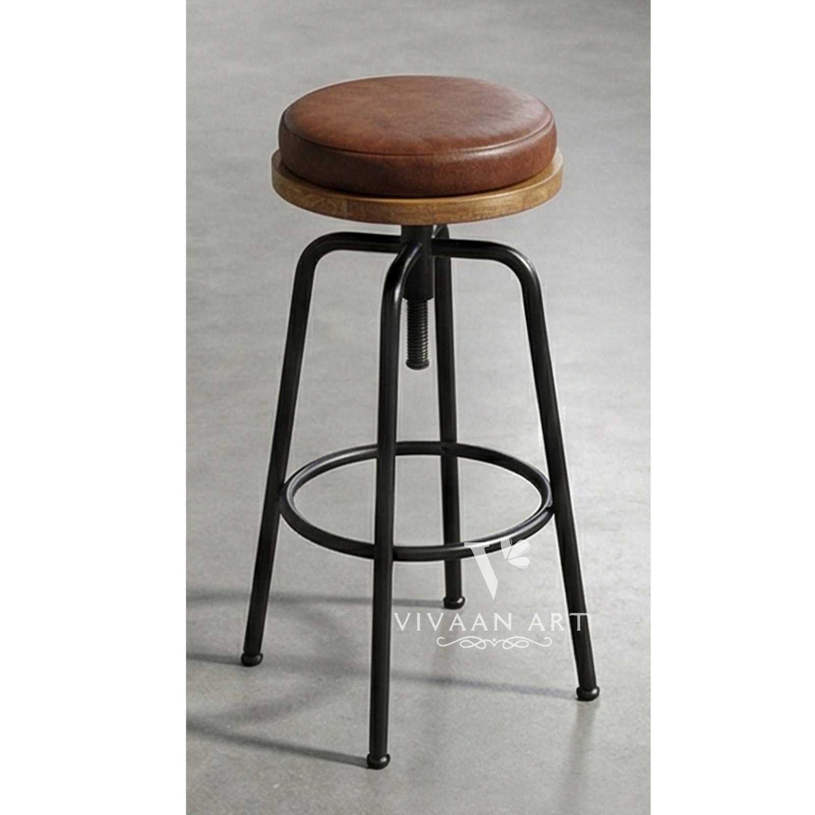 Industrial Adjustable Bar Stool with Leather Seat