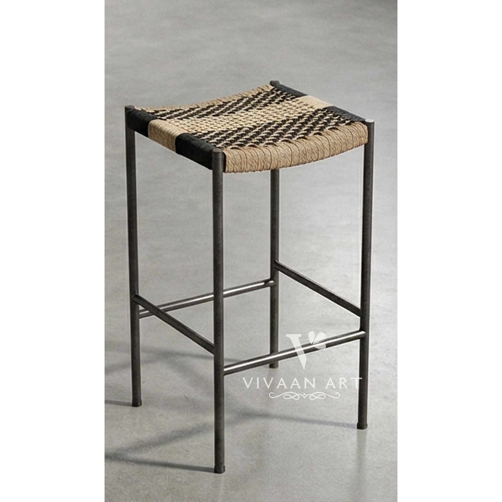 Handwoven Rope Seat Bar Stool with Metal Frame