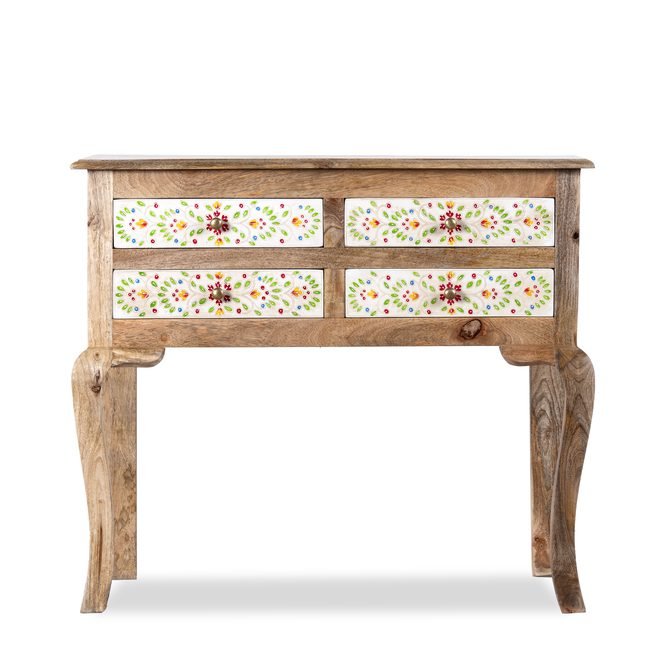 Handcrafted Solid Wood Floral Painted Console Table with 4 Drawers - Image 2