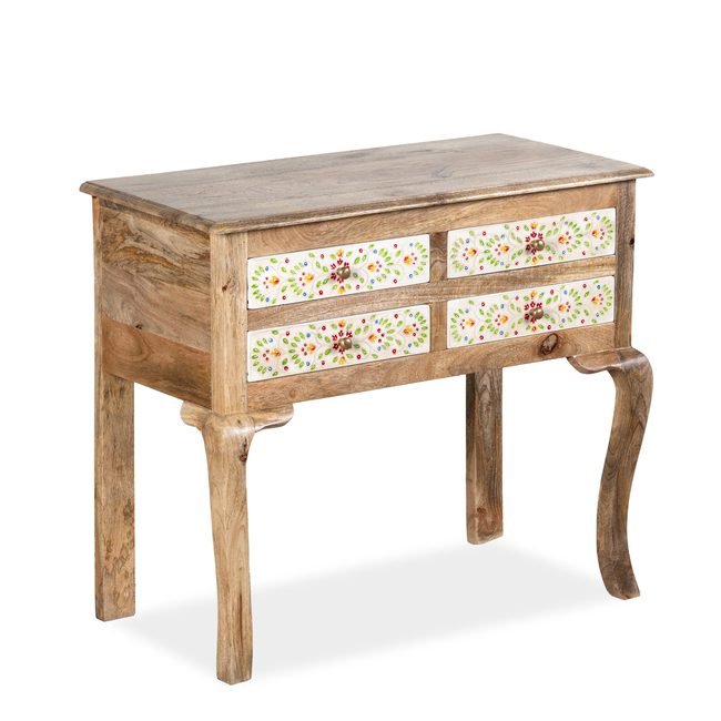 Handcrafted Solid Wood Floral Painted Console Table with 4 Drawers
