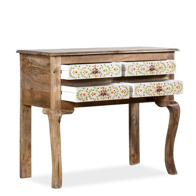 Handcrafted Solid Wood Floral Painted Console Table with 4 Drawers - Image 4