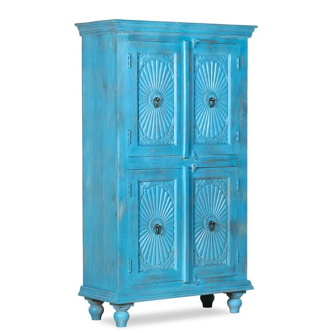 Vintage Turquoise Hand-Carved Wooden Cabinet | Distressed Boho Storage Wardrobe